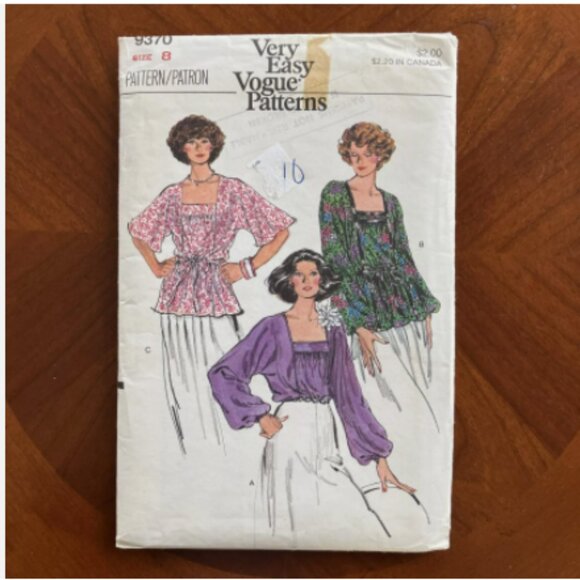 UNCUT Blouse Sewing Pattern Very Easy Vogue 9370 Sz 8 Dolman Sleeves Square Neck - Picture 1 of 2